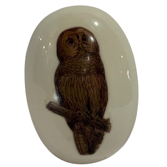 Unbranded Other - Vintage Ceramic Owl Paperweight Cream Brown Oval Figurine Whimsy Goth Witchy